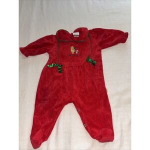 Classic Pooh Winnie‎ The Pooh Piglet Christmas Romper Jumpsuit Red Velour Sz 6MO
